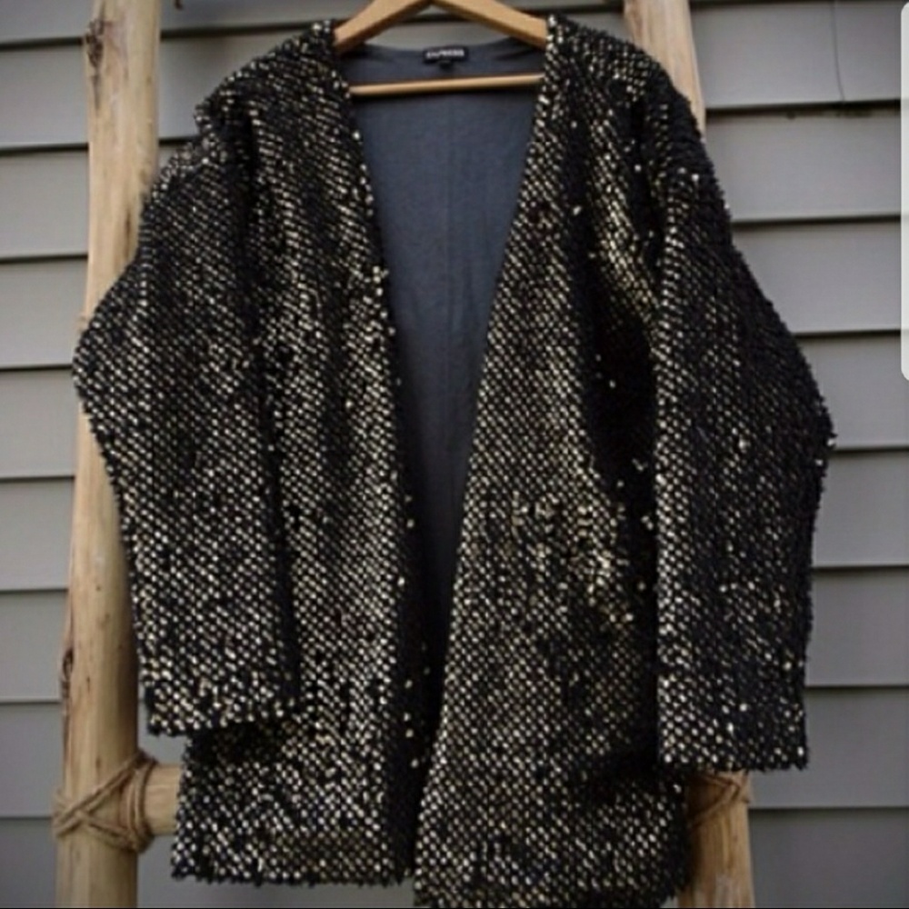 Express Gold Sequin Fuzzy Open Cardigan M - image 1